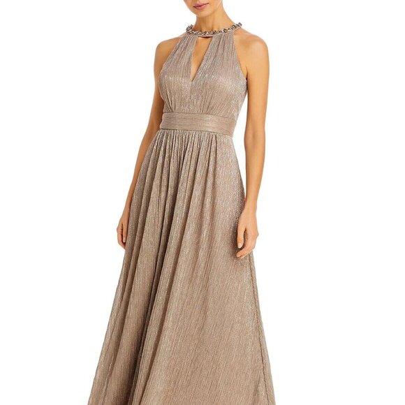 Eliza J Shimmering Cutout Halter Gown 4 Metallic Champagne Embellished Goddess - Picture 1 of 4